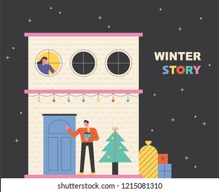 Christmas night, a man is holding a gift and knocking on a woman 's door. flat design style vector graphic illustration.