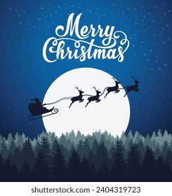 Christmas night moon background santa claus riding reindeer sleigh on christmas day