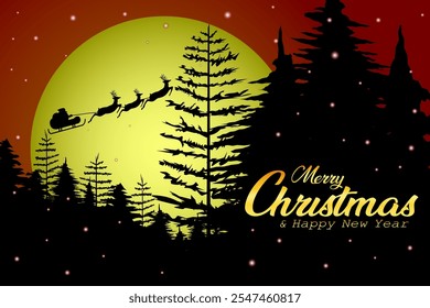 Christmas night moon background santa claus riding reindeer sleigh on christmas and new year day