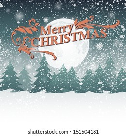 Christmas night moon natural snow background. Vector retro design