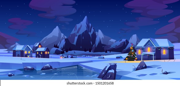 Christmas night in mountain city or Canada. Winter landscape with houses or chalet glowing with colorful lights and decorated xmas tree on street for wintertime holidays. Cartoon vector illustration