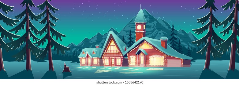 Christmas night in mountain city or Canada. Winter landscape with houses or chalet and tower with clock decorated with glowing lighting garlands for wintertime holidays. Cartoon vector illustration