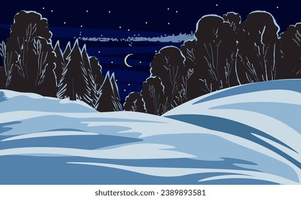 Christmas night New Year's banner for corporate party night disco poster children's lullaby moon clouds stars for kindergarten landscape winter forest children's hill snow snowdrifts quiet winter 