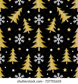 christmas night pattern on black background with gold pine tree and snowflake glitter