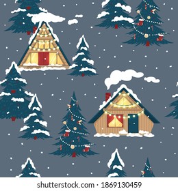 Weihnachtsnachtsmuster mit Winterwald und Häusern