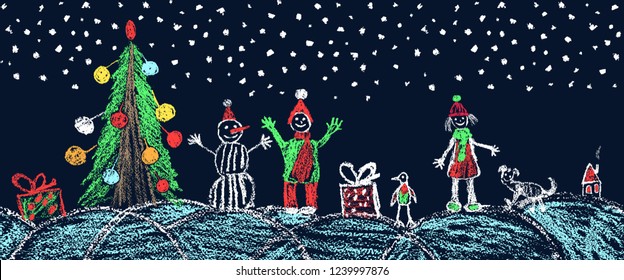 Christmas night plaza with funny doodle tree, ball, snowman, kid, boy, girl, gift box, snow, hut. Like child hand drawing vector background space area with falling snowflakes.