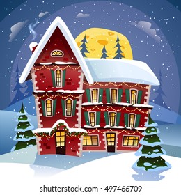 Christmas night poster with fairy tower in snowfall at winter landscape background flat vector illustration 