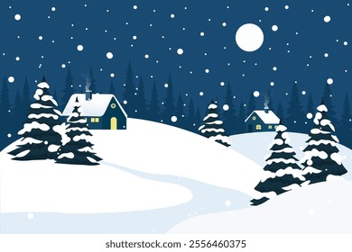 Christmas night rural landscape in the forest. Christmas Eve. Beautiful night winter landscape with a big moon, snow, trees, houses and snowdrifts.