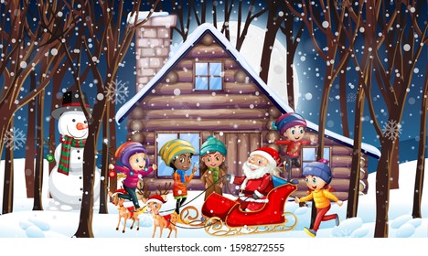 Christmas night with Santa and children illustration