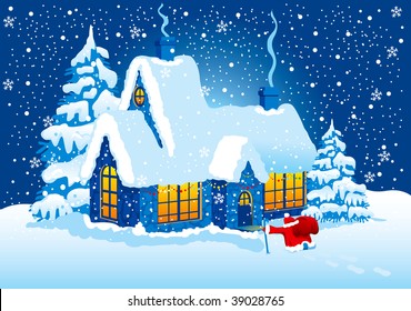 Christmas night, Santa Claus comes to visit. Vector.