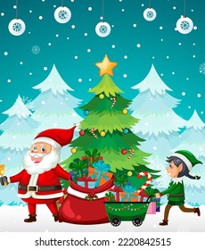 Christmas night with Santa Claus and elves illustration