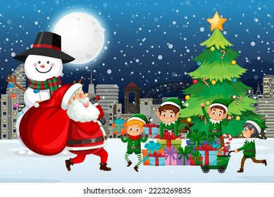 Christmas night with Santa Claus and elves illustration