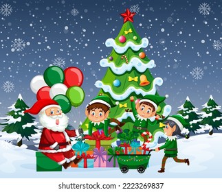 Christmas night with Santa Claus and elves illustration