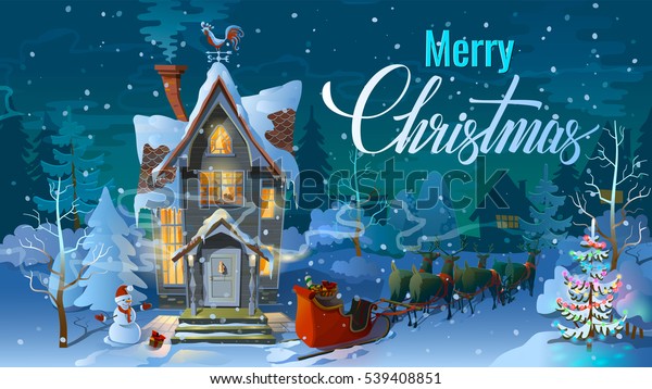 クリスマス ナイト サンタクロースとトナカイのそりはそりで覆われてる 冬の時間 休日の前に家族の家を節約する カードのイラスト 年賀状 のベクター画像素材 ロイヤリティフリー