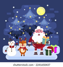 Christmas night with santa reindeer and snowman vectoral illustrations