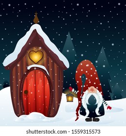 Christmas night scene with gnome and his magical house