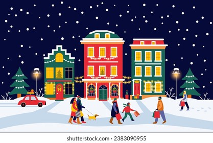 Christmas night scene panorama  with decorated houses and people walking with bags of gifts. Vector illustration 