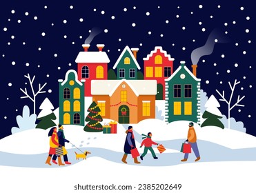 Christmas night scene panorama with decorated houses and people walking with bags of gifts. Vector illustration