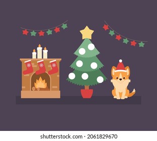 Christmas night scene: Christmas tree, fire place with stockings and welsh corgi puppy. Vector illustration