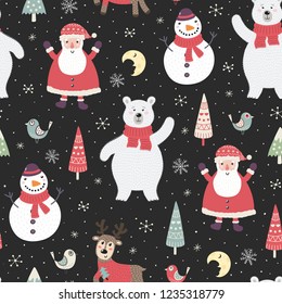 Christmas night seamless pattern with cute characters: polar bear, Santa Claus, deer and snowman. Vector illustration