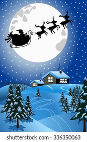 Christmas Night with silhouette of Santa Claus in his sled or sleigh pulled by reindeer flying over winter snowy landscape