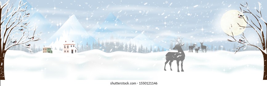 Christmas night with snowdrifts, blizzard, firs and pine tree forest, Winter landscape scene of  reindeers family standing in forest with storm, windy and heavy snowfall with full moon background.