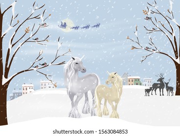 Christmas night with snowdrifts, blizzard, firs and pine tree forest, Winter landscape scene of unicornsand reindeers family standing in forest with storm, windy and heavy snowfall with full moon