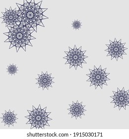 Christmas Night Snowflakes Luxury Sharp Wallpaper. Silver Mystery Cold New Year Mandala Design Pic. Purple Stars Dark Print Grey Sky Background. White Winter Violet Chaotic Metalic Pattern.