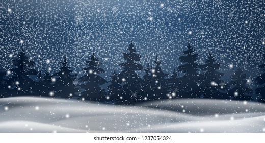 Christmas, night Snowy Woodland landscape. Winter background. Holiday winter landscape for Merry Christmas with firs, coniferous forest, snow, snowflakes. Christmas scene. Happy new year. vector.