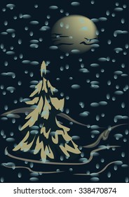 Christmas night. Spruce in the snow against the background of the full moon.