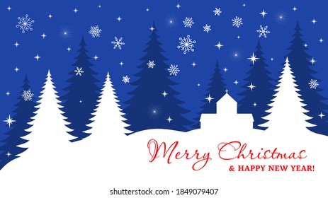 Christmas night, spruces, church, snowflakes, sparkles. Greeting card
