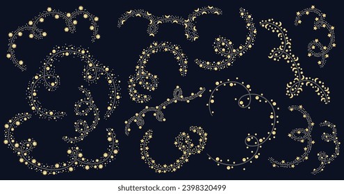 Christmas Night Star Garland Decoration. Lamp Lights String. Light Xmas bulbs. Night Sky Constellation. Cartoon colorful hand drawn vector illustration isolated on dark background