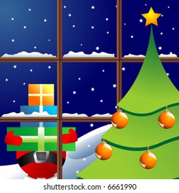Christmas night through window showing Santa with gifts