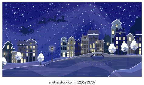 Christmas night townscape with buildings and Santa Claus in sky. Night town scene vector illustration. Christmas Eve concept. For websites, wallpapers, posters or banners.