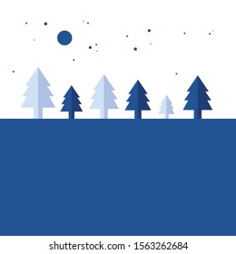 Christmas night tree land. Simply flat design.