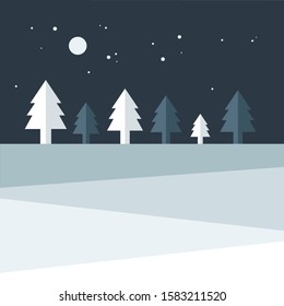 Christmas night tree land. Simply flat design.