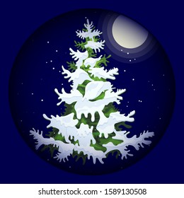 Christmas night with a Christmas tree in the snow. Vector illustration.