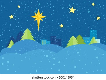 Christmas night vector concept. Flat design. Starry sky with bright eight-pointed star of Bethlehem on snowy winter night, snowdrifts, spruce trees, city lights far. Winter holidays celebrating 