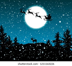  Christmas night vector illustration, Santa Claus flying in his sleigh over forest through the snow