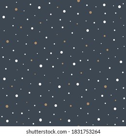 Christmas Night Vector repeat pattern with white and gold falling snowflakes on dark blue background.
