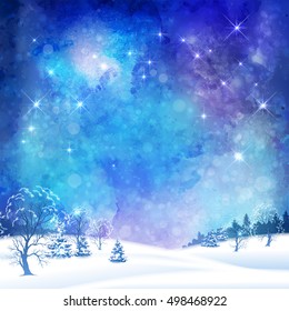 Christmas night vector watercolor background with winter forest, subtle grunge texture and stars