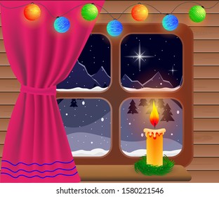 

Christmas night view from the window on the nature, on snow-covered fields and mountains, it is snowing, a candle is burning on the window, the house is warm and cozy and outside the window is wint