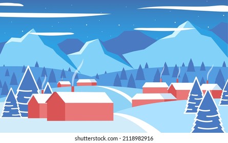 Christmas night in the village. Evening village winter landscape with snow covered houses and mountains. Winter landscape vector background. New Year winter landscape. Horizontal flat vector