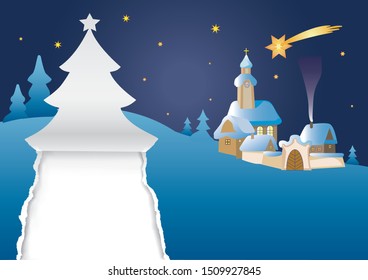 Christmas night, village landscape, greeting card template. Illustration of silent christmas night with village church and torn paper christmas tree  in the foreground.  