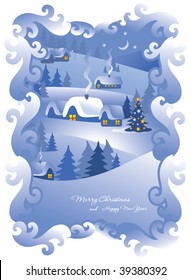 Christmas night village in the ornate frame. Vector.
