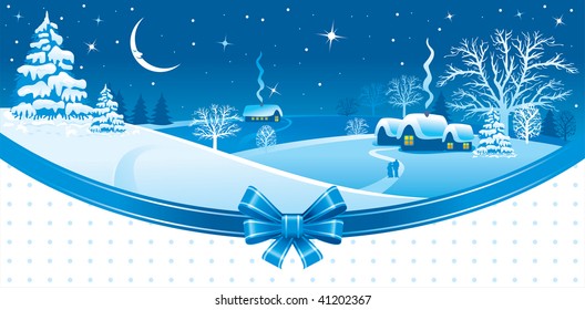 Christmas night in the village. Vector image.