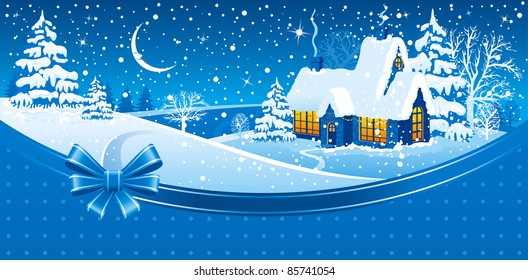 Christmas night in the village. Vector image.