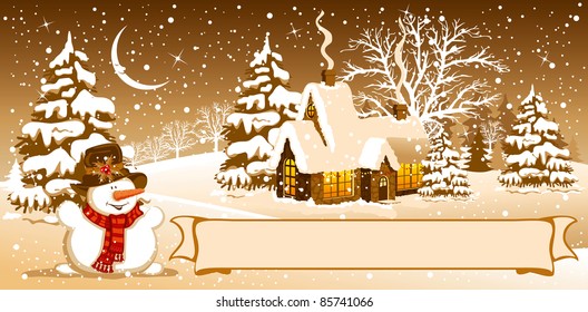 Christmas night in the village. Vector image.