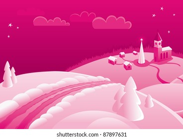 Christmas night in the village. Vector image