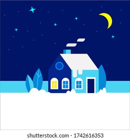 Christmas night in the village.Vector illustration with beautiful starry night landscape in modern flat style. Happy family is at home, smoke from the chimney. Good for Christmas and New Year design.